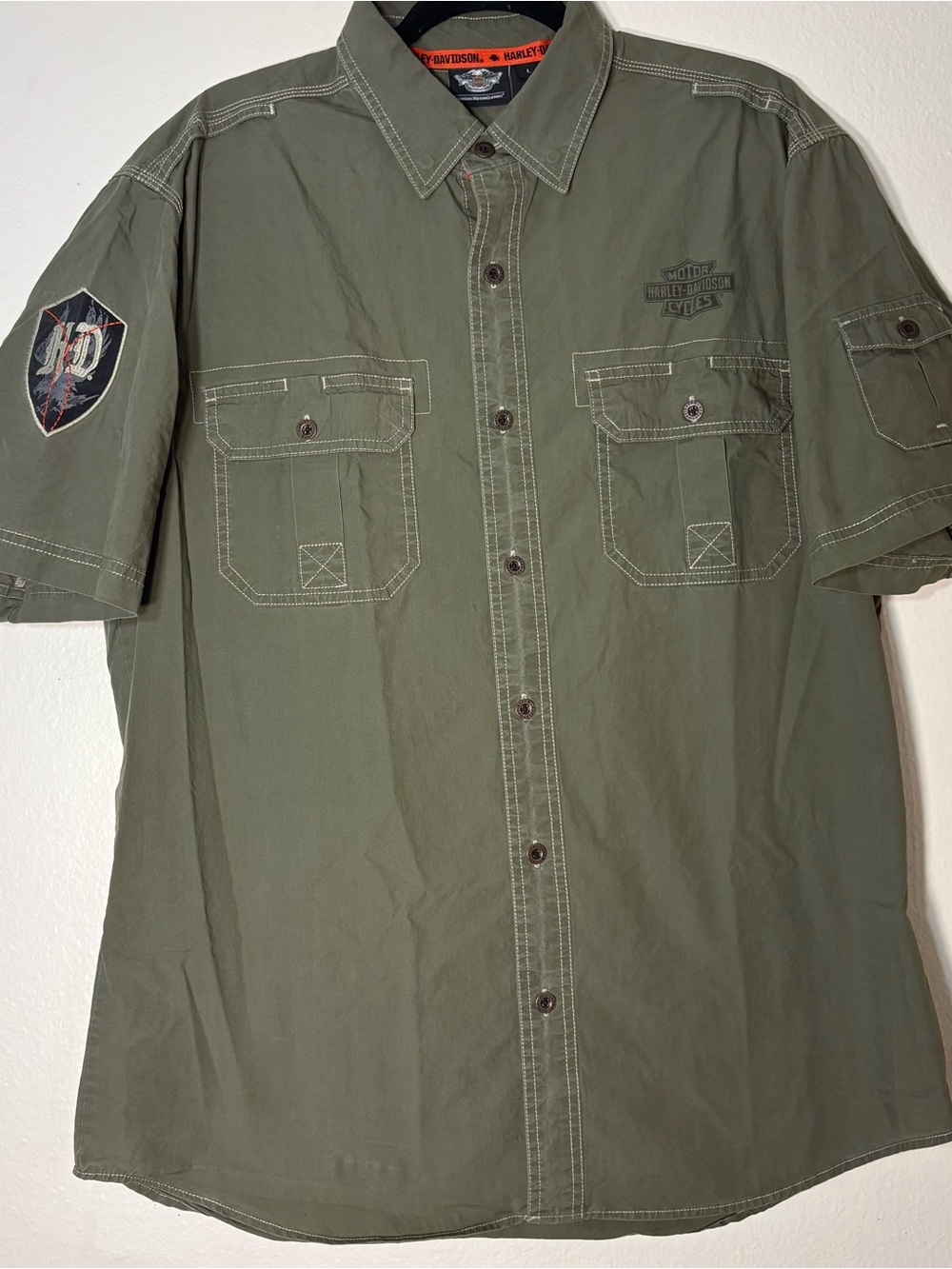 Harley-Davidson Men's Short Sleeve Military Green Button-Up Shirt
